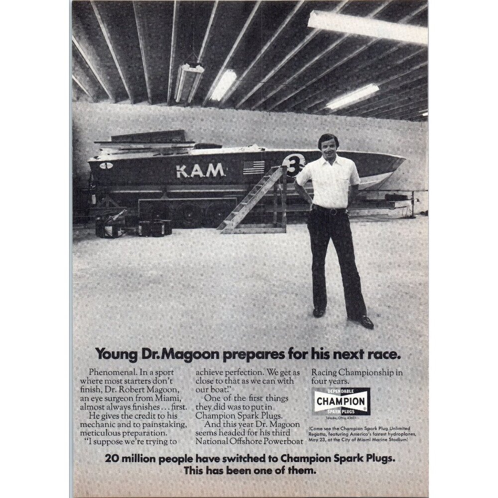 1971 Champion Spark Plugs National Offshore Powerboat Racing Vintage Print Ad